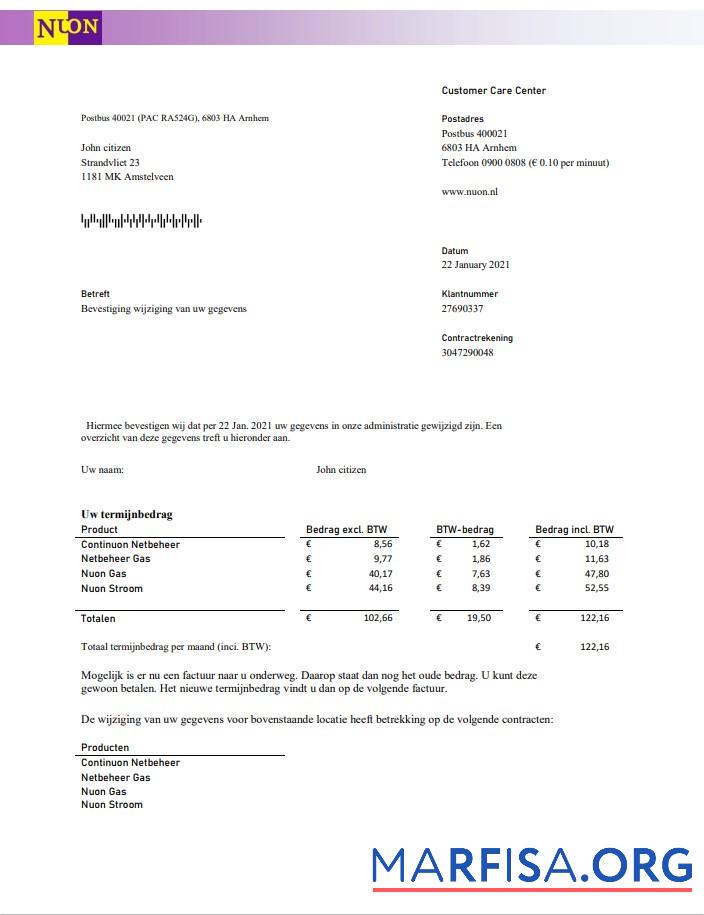 Blank Netherlands NUON gas utility bill template in Word and PDF format in Dutch language